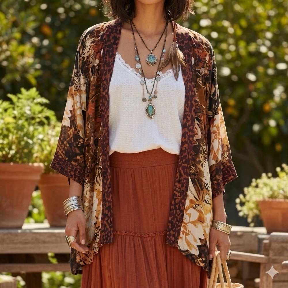 Soft Surroundings L/XL Shawl Open Front Floral Topper Tunic Cardigan Cover Boho